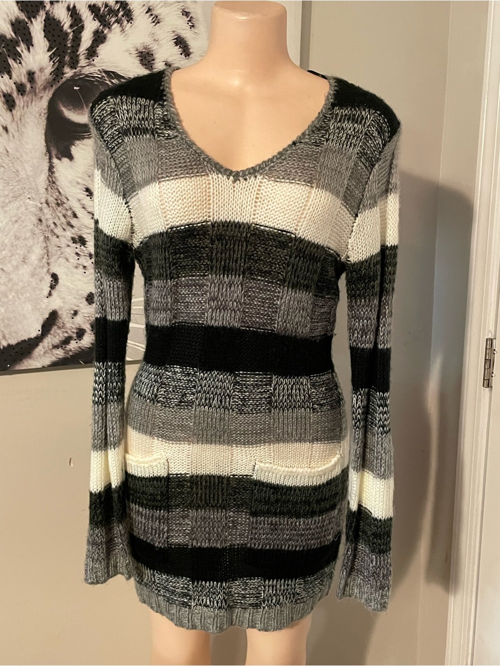 Ultra Flirt Knit Sweater Dress top Black, Gray & White long sleeve winter Large